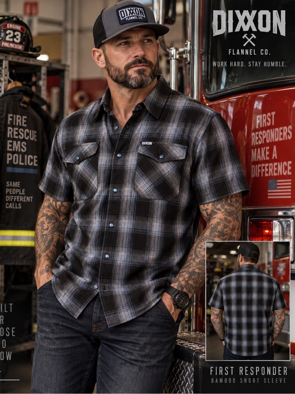 Dixxon First Responder Bamboo Short Sleeve Shirt Men’s M Black Gray Plaid